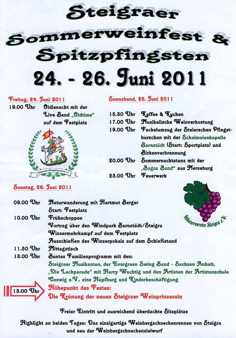 Programm zum Sommerweinfest in Steigra am 24. 25. und 26.06.2011 - und zurck